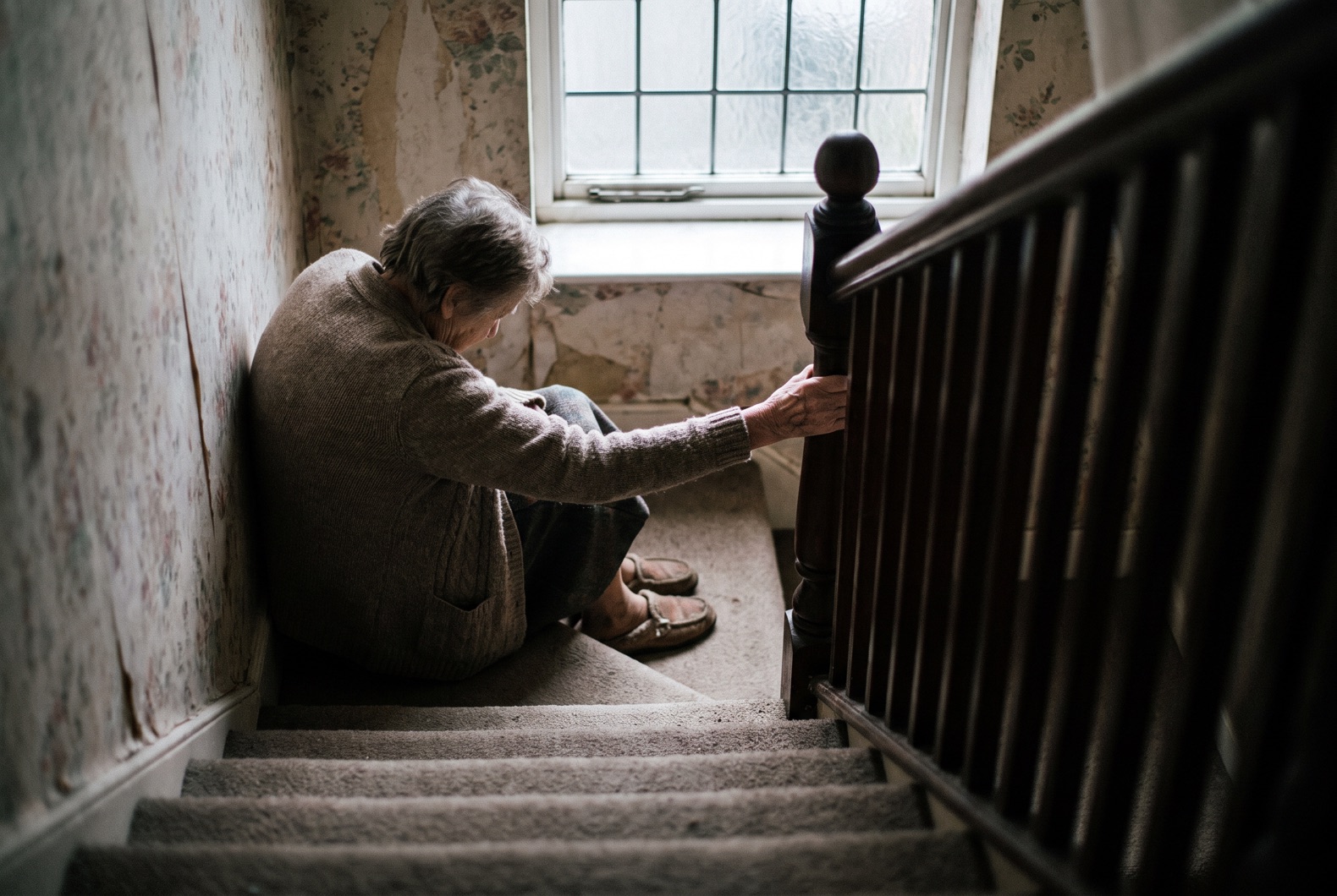 Woman sitting on stairs gripping banister, looking frightened