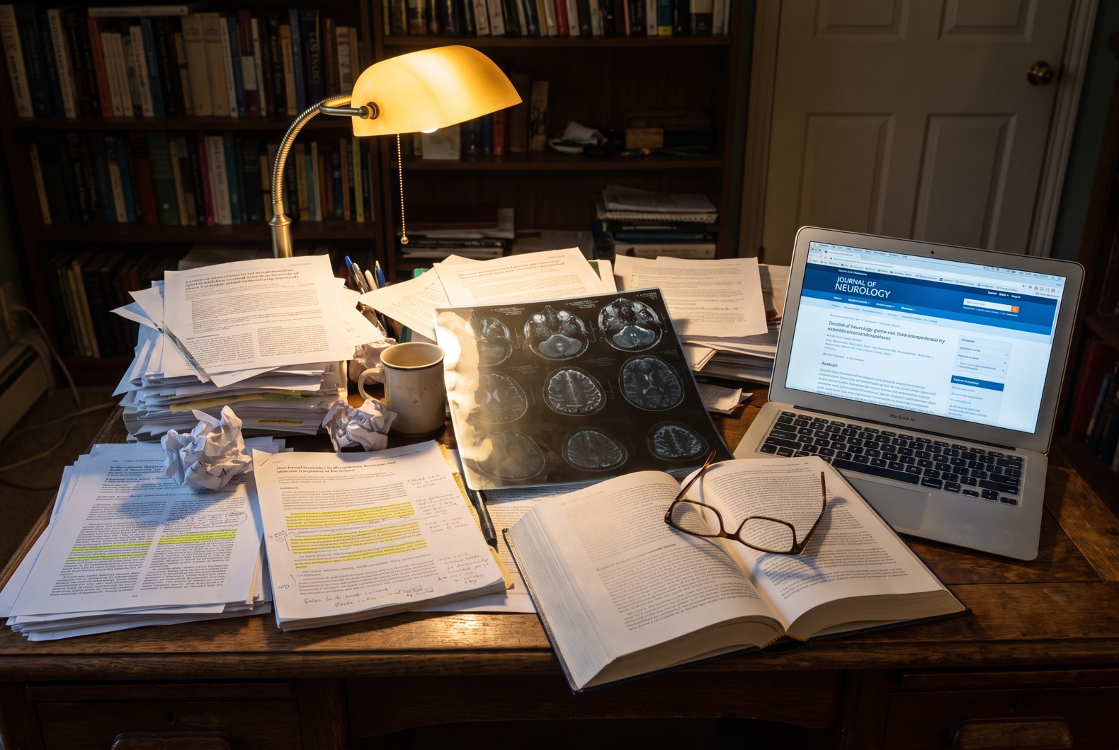 Desk covered with scattered vestibular research papers and MRI scans
