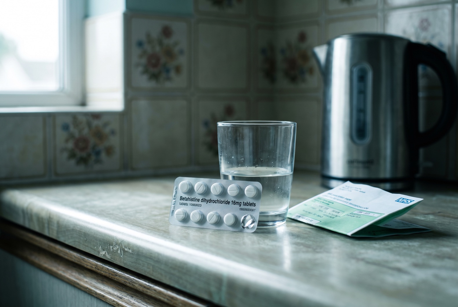 Betahistine medication box on a kitchen counter beside a glass of water