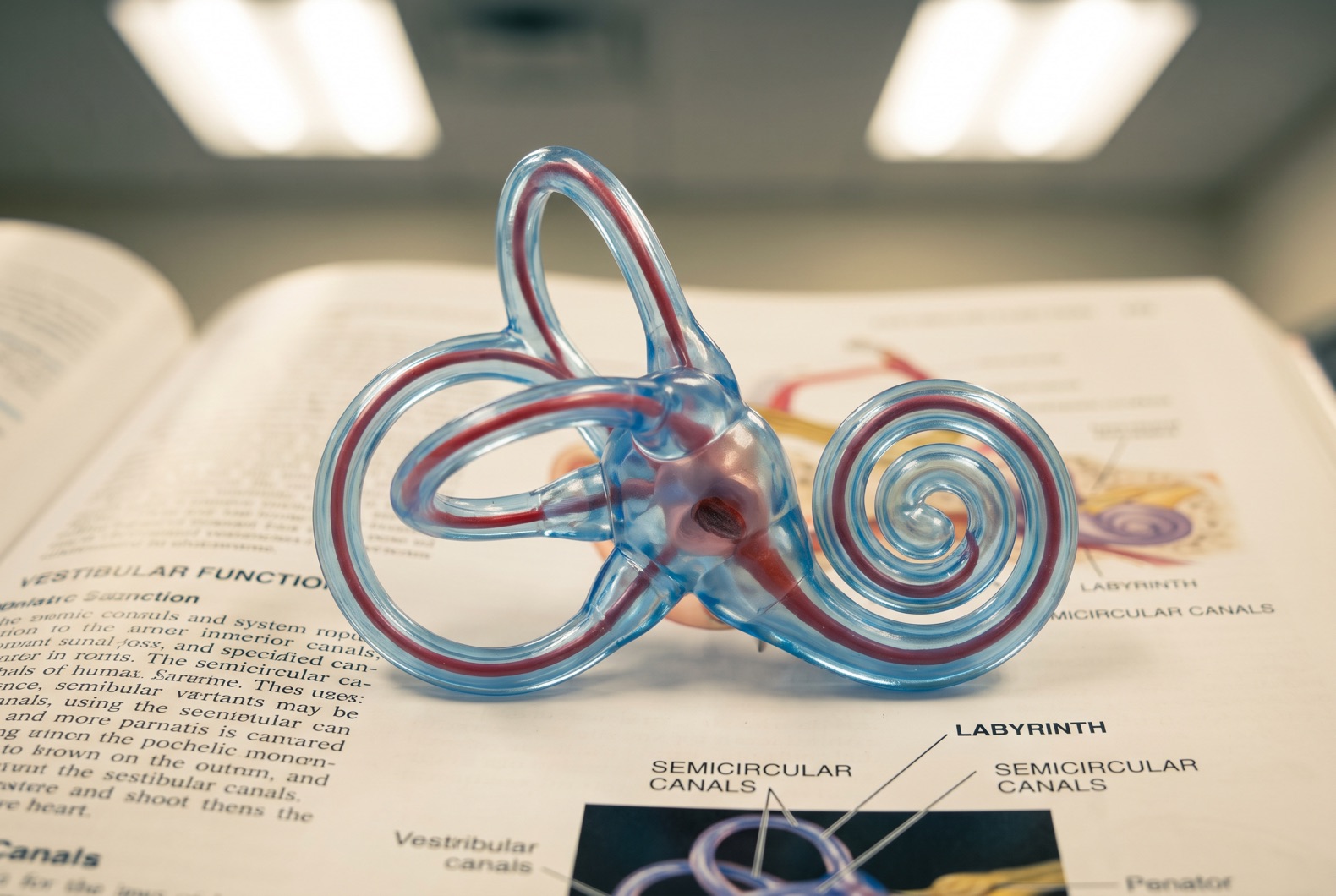 Close-up of inner ear anatomical model showing vestibular system