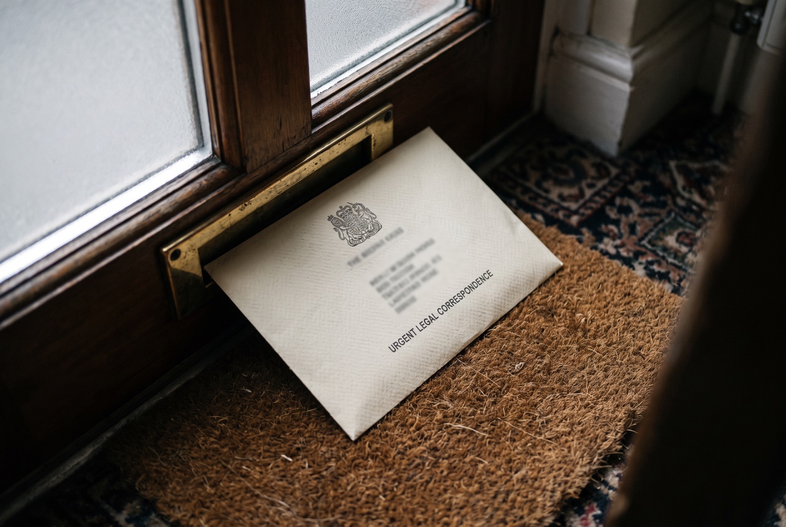 Legal letter from law firm lying on a doormat