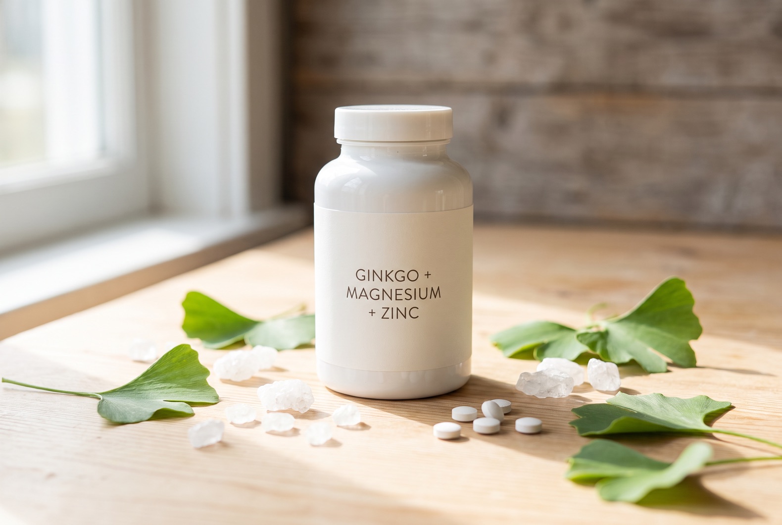 Vertinex supplement bottle surrounded by ginkgo leaves and natural ingredients