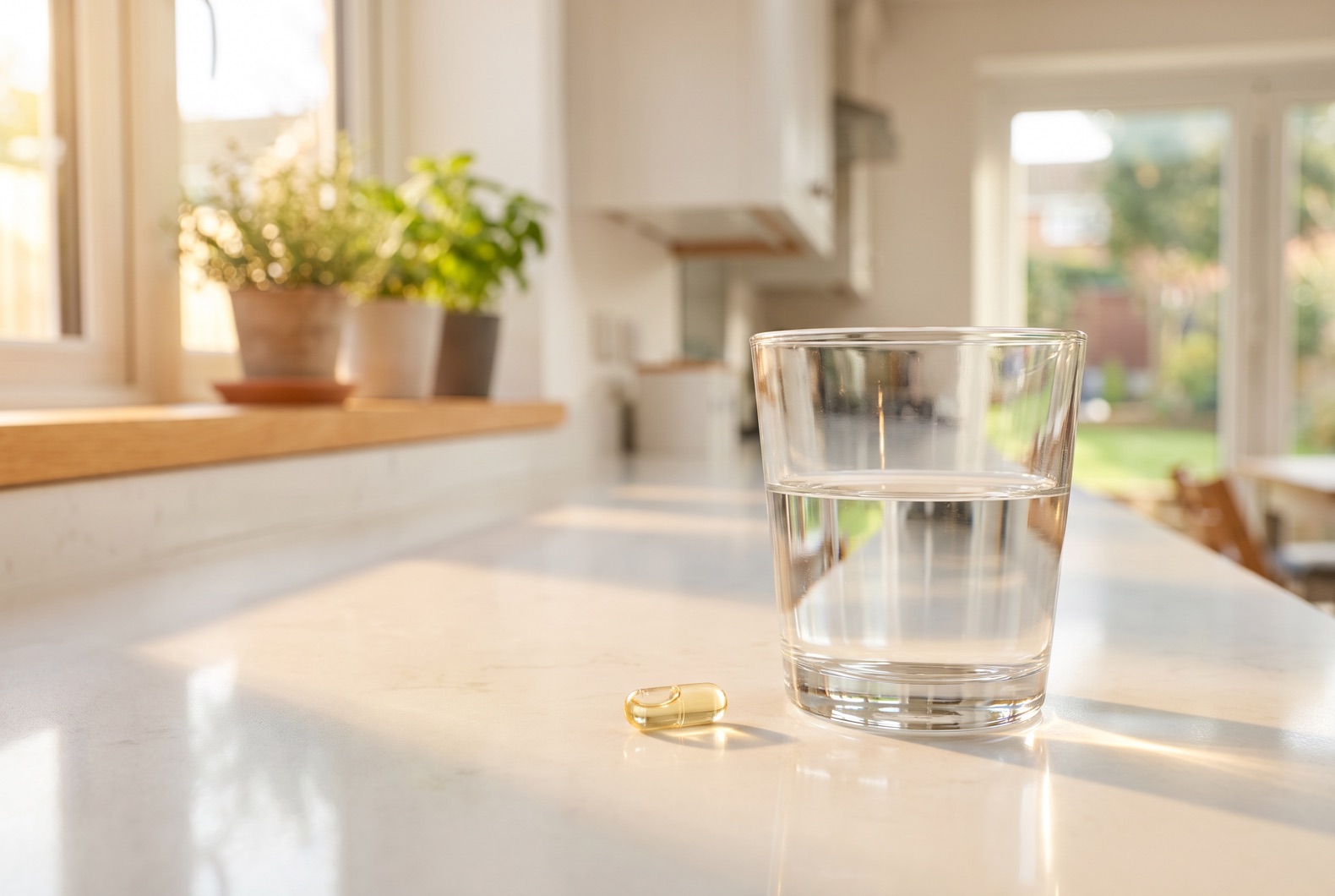 Morning kitchen scene with a single capsule and glass of water