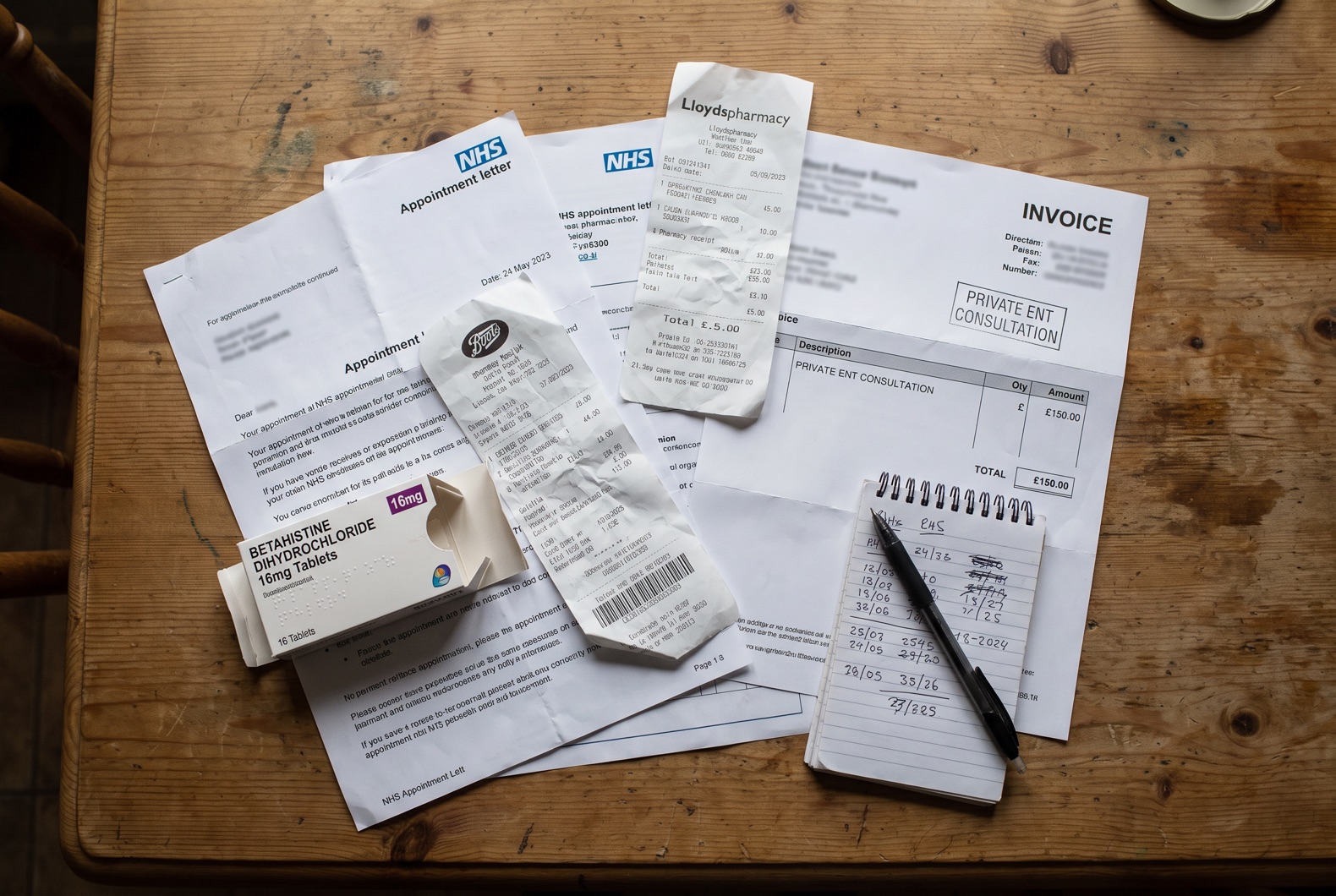 Kitchen table with scattered appointment letters and pharmacy receipts