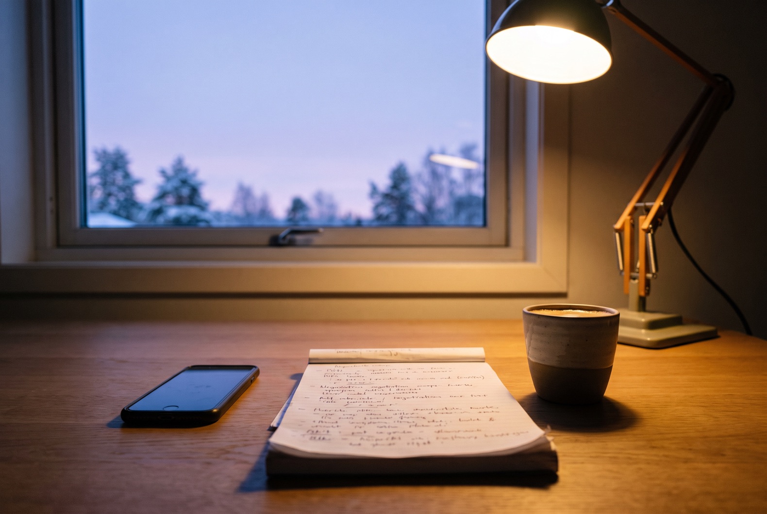 Desk with phone, notepad, and handwritten negotiation notes