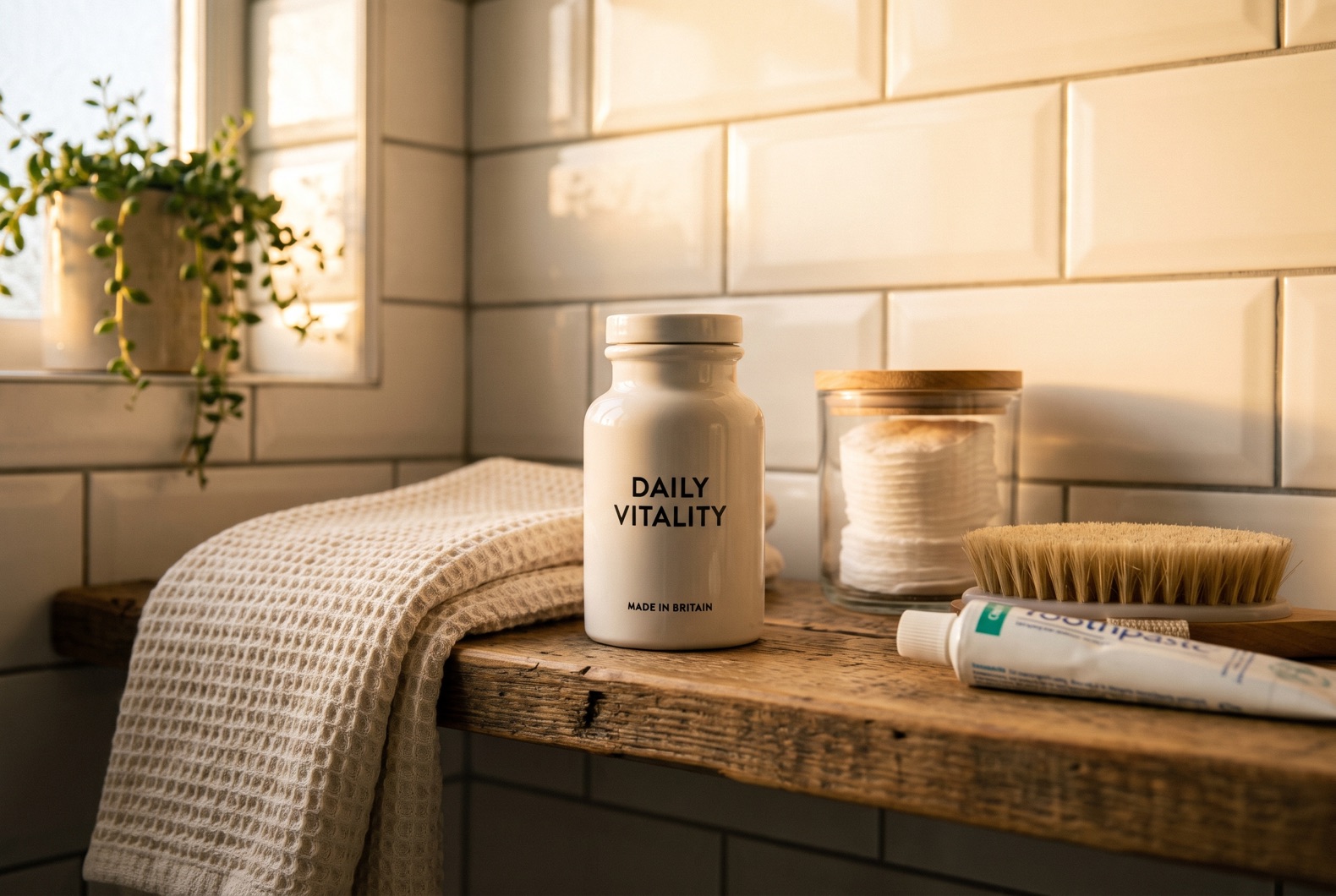 Supplement bottle on a bathroom shelf in warm domestic light