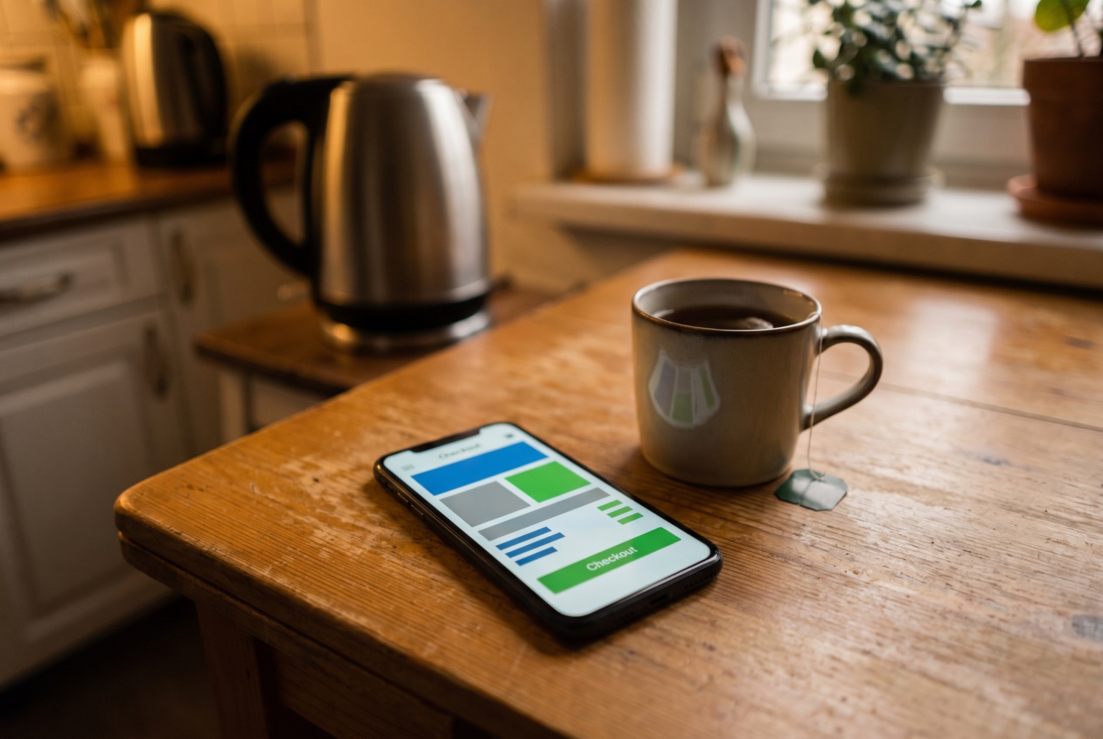 Smartphone on kitchen table showing a checkout page